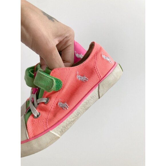 Kids' POLO RALPH LAUREN Neon Pink Orange Embroidered Logo Sneakers, Size 25.5/9 - Picture 4 of 11